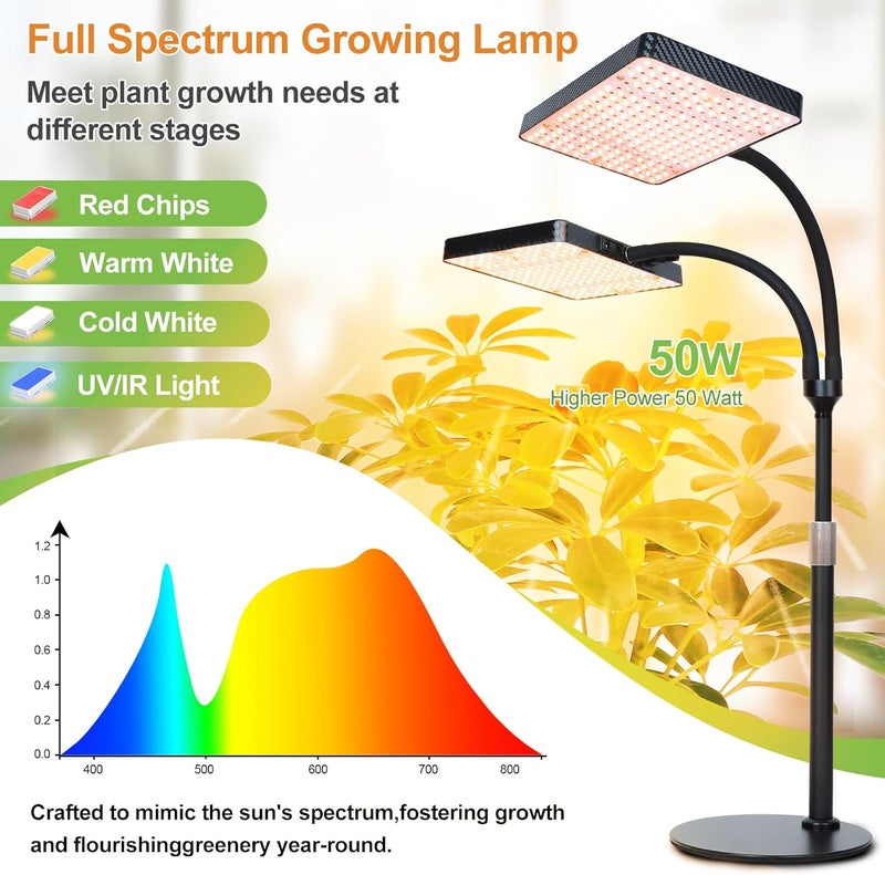 FECiDA 2-Head 50W Desk Grow Light, Tabletop Grow Lights for Indoor Plants Full Spectrum, 4/8/12/16/20 Hr Timer Bonsai Houseplants Grow Lamp, 16"-24" Height Adjustable - Image 2